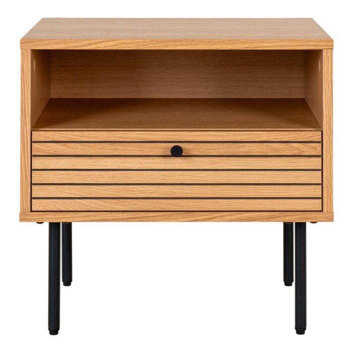 Noptieră Kyoto - Furnir stejar și picioare metalice negre, cu sertar - imagine 3