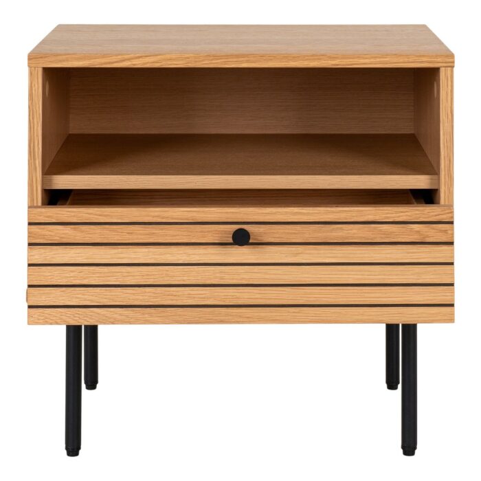 Noptieră Kyoto - Furnir stejar și picioare metalice negre, cu sertar - imagine 4